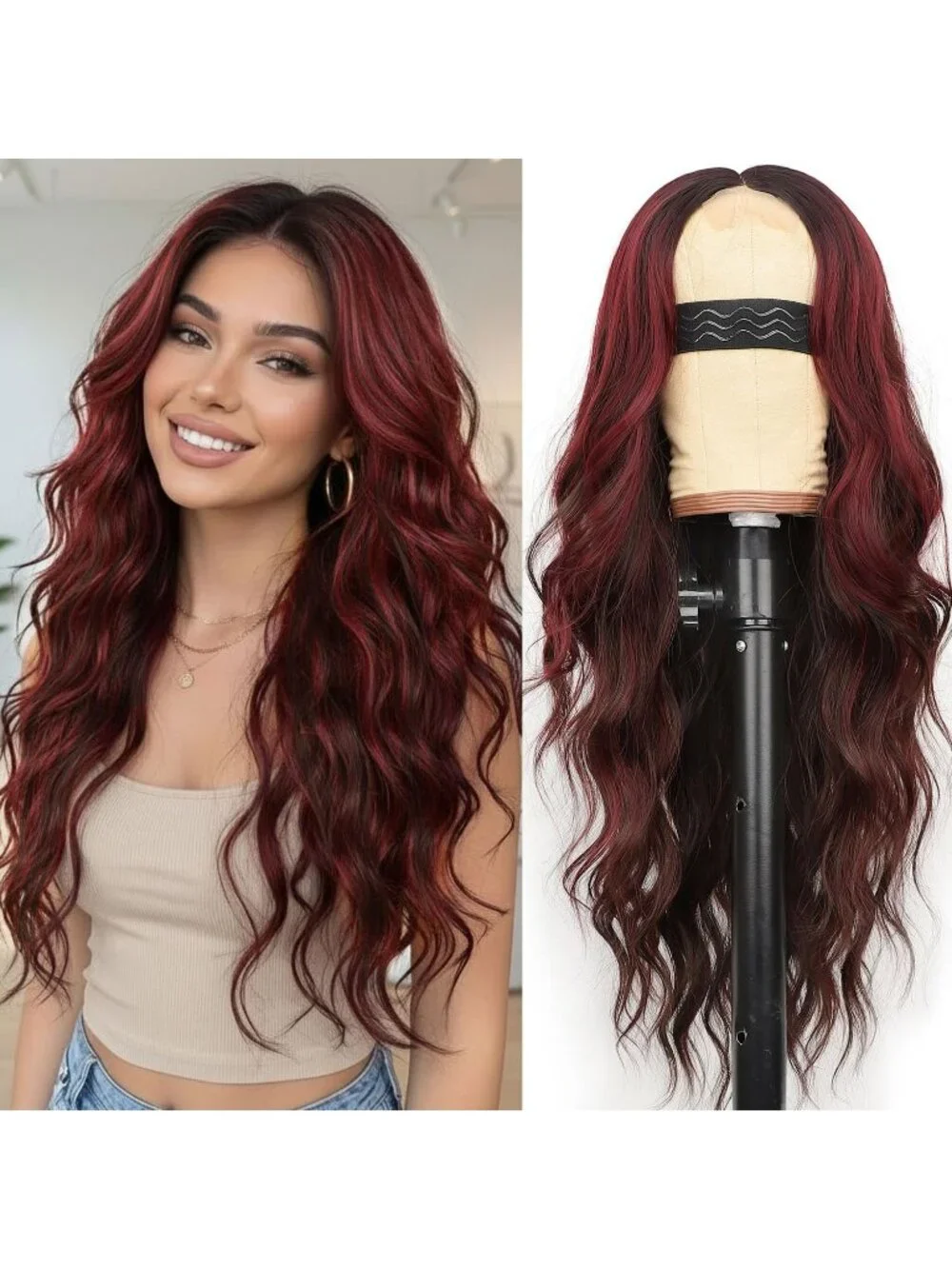 Women's Brown Red 1 Lace Hairline 26 Inch Synthetic Heat Resistant Wavy Wigs